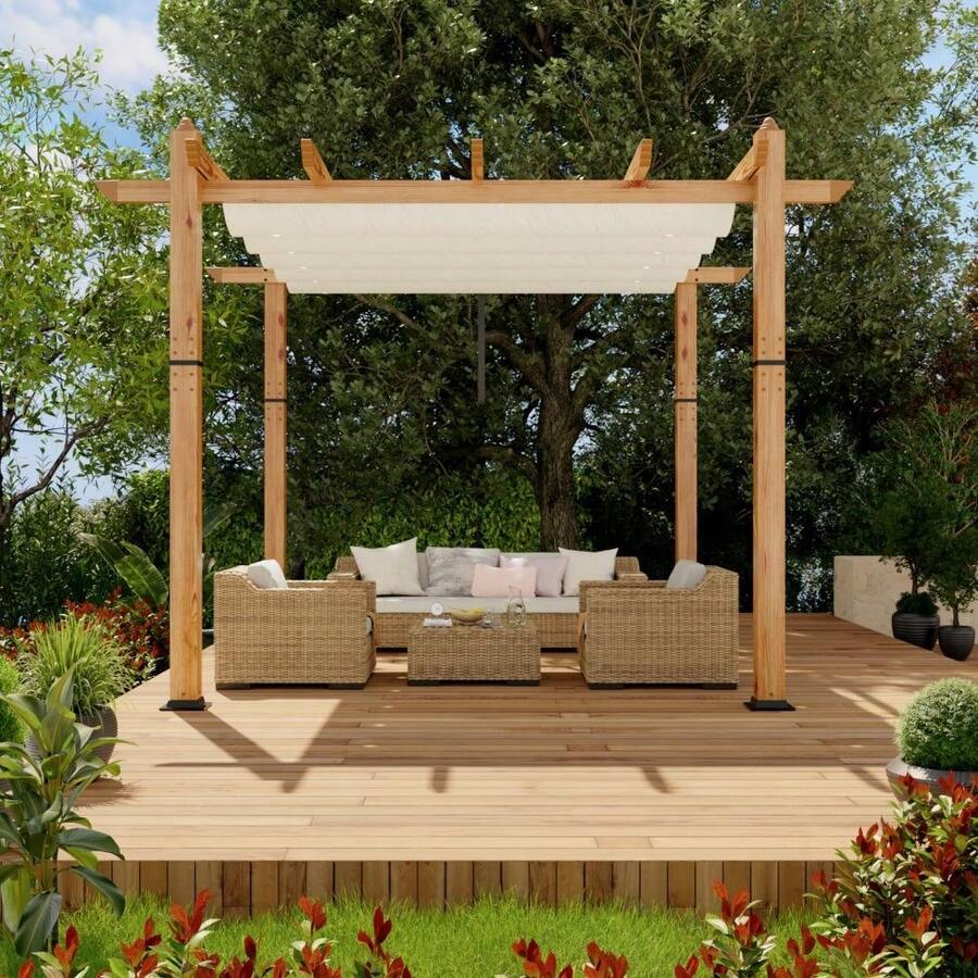 10' X 10' / 10' X 13' Outdoor Pergola, Patio Pergola With Retractable Canopy, Metal Gazebo Sun Shade Shelter For Garden Porch Backyard Grape Trellis - 木紋框架米色頂篷 - 查看 1