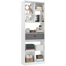 BALCONERA Hohes, freistehendes Bücherregal mit 7 offenen Fächern und 1 Stoffschublade für Wohnzimmer, Schlafzimmer, Büro, Weiß, 60 cm (B) x 24 cm (T) x 170 cm (H) - Weiss - Übersicht 7