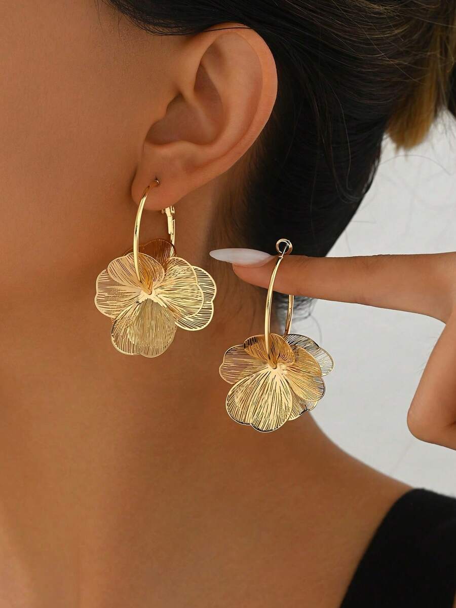 1 Đôi bông tai mặt dây chuyền hình hoa cao cấp, thanh lịch, sáng tạo, thích hợp làm quà tặng Ngày của Mẹ và phụ kiện đeo hàng ngày cho phụ nữ. - Vàng - Xem 1