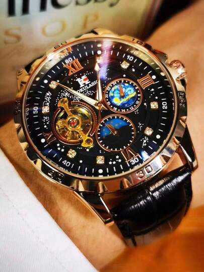 1pc Men's Fashion Luxury Tourbillon Hollow Automatic Mechanical Watch Rose Gold Case Moon Phase Display Luminous Hands Rhinestone Decoration Black Dial Multi-Functional Men's Watch Top Brand Casual Leather Strap Personality Business Wristwatch Gift With Box
