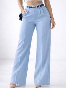 Women's Tailored Wide-Leg Trousers With Belt, High Waist, And Pockets, Elegant Dress Style. - 淺藍色 - 查看 2