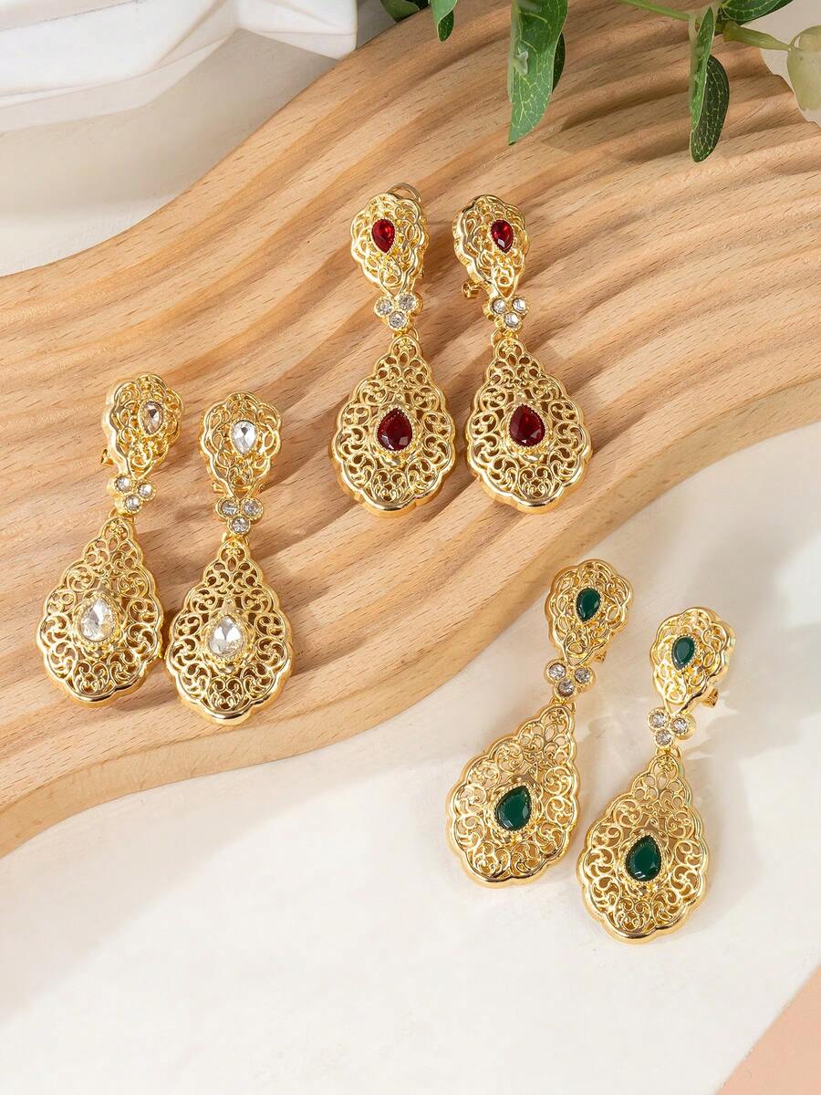 一对摩洛哥风格新娘耳环，镶嵌水钻，女士派对/节日耳环，节日礼物 - D-ER0070 - 查看 1