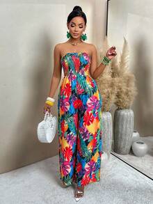 AIJ 女士复古印花褶皱阔腿连体裤（随机印花），性感优雅，适合夏季度假穿着。 - 彩色 - 查看 3