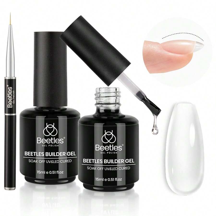 Beetles Builder Gel For Nails-Cover Nude Translucent 8 In 1 Nail Thickening Strengthening Building Apex - 2Pcs 15Ml Clear & Nail Art Brush - 查看 1