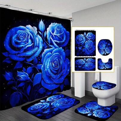 4pcs Blue Lover Shower Curtain Set, Housewarming Gift Modern Home Decor, Medical Privacy Curtain, Shower Curtain And Bathroom Mat 3 Pieces Set With 12 Curtain Hooks