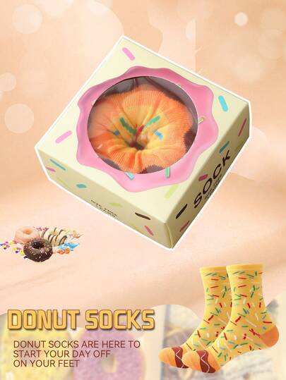 A Pair Of Great-Value Multicolor Mid-Calf Gift Socks, Available In Couples' Styles For Men In Gift Box Packaging. Soft Donut-Themed Novelty Socks With Whimsical Food-Inspired Creative Designs, Comfortable And Versatile, Perfect As Birthday Gifts, For Valentine's Day, Easter, Ramadan, Dates, Family Gatherings