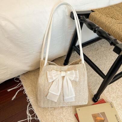 Elegant White Bow-Decorated Shoulder Bag, Soft Hobo Tote Design, Lightweight & Spacious Purse, Perfect For Daily Commute & Casual Outings, Feminine Fashion Accessory