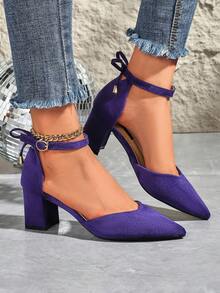 女士尖头绒面革镂空蝴蝶结粗跟高跟鞋，百搭，适合日常、工作、商务、通勤等场合，黑色，大码可选 - 深紫色 - 查看 3