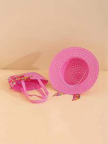 2pcs/Set Girls Floral Bucket Hat & Floral Bag, Suitable For Girls Spring/Summer Outings And Vacations, Daily Wear Sun Protection - Hot Pink - View 3
