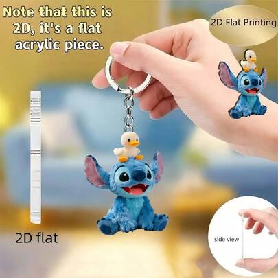 2D Flat "Lilo & Stitch" Stitch Keychain With A Small Duck, Cartoon 2D Flat Keychain, Cute Pendant, Holiday Gift Decor, Car Key Chain, Backpack And Wallet Accessory, Best Friend, Birthday, Valentine's Day, Easter Gift, 2D Flat Official Licensed Decor, Showcasing Classic Characters