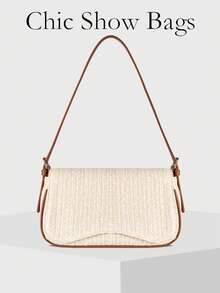 Women's Fashionable Retro Patchwork Vacation Style Straw Shoulder Bag - Beige - View 8