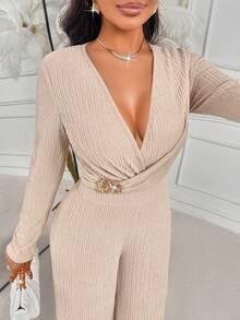 AIJ Stylish Women's Deep V Neck Long Sleeve Jumpsuit With Ruched Knitted Fabric And Wide Leg Design For Elegant Evenings - Light Apricot - View 7