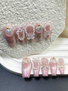 10pcs Exquisite Nail Art Thick Shell Cat Eye Pearl Butterfly Decorated False Nails, Gift Set For Women (1pc Jelly Sticker + 1pc Nail File) Handmade Press On Nails - Pink - View 2