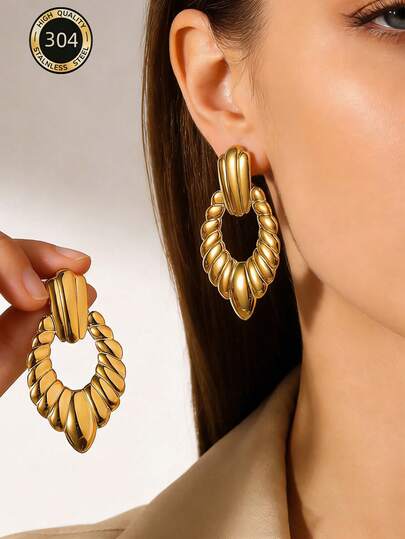 1 Pair New Vintage Asymmetrical Geometric Textured Stainless Steel Earrings, Elegant Design Suitable For Daily Wear, Great Gift For Friends