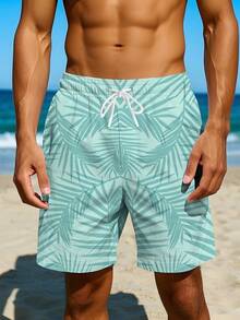Men's Essential Summer Shorts: Versatile Mint Green Coconut Leaf Casual Beach Shorts - Low Saturation Light Teal + Minimalist Coconut Leaf Print, Suitable For Daily Commutes And Convenience Store Outfits, Clean And Brightening, Quick-Dry Refreshing - Nhiều màu - Xem 5