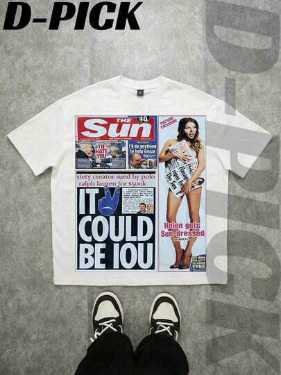 D-PICK Retro Y2K "The Sun Newspaper Collage" Abstract Figure Print Graphic Tees Vintage T Shirts - Men's Pure Cotton Round Neck Casual Short Sleeve Tshirt , Can Be Used As A Gift