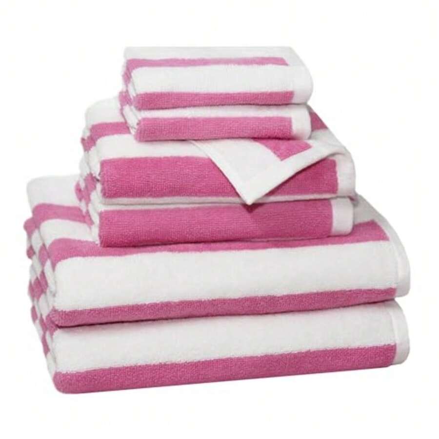 6 Piece Towel Set - Cabana Stripe - Rugby Stripe - 2 Bath Towels 2 Hand Towels 2 Washcloths - 100% Cotton - Soft Absorbent Quick Dry Durable Pool Shower Beach - Gift - Pink White - rosa blanco - Ver 1