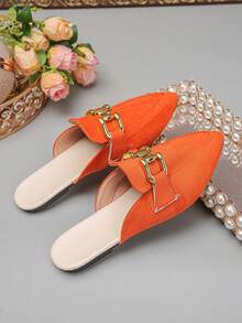 大码 35-45 女式尖头平底拖鞋，新款秋季户外日常软底休闲平底鞋，时尚百搭，金属搭扣装饰，适合搭配连衣裙、旅行，舒适透气，多种颜色可选 - 橙色絨面-D字金屬扣 - 查看 8