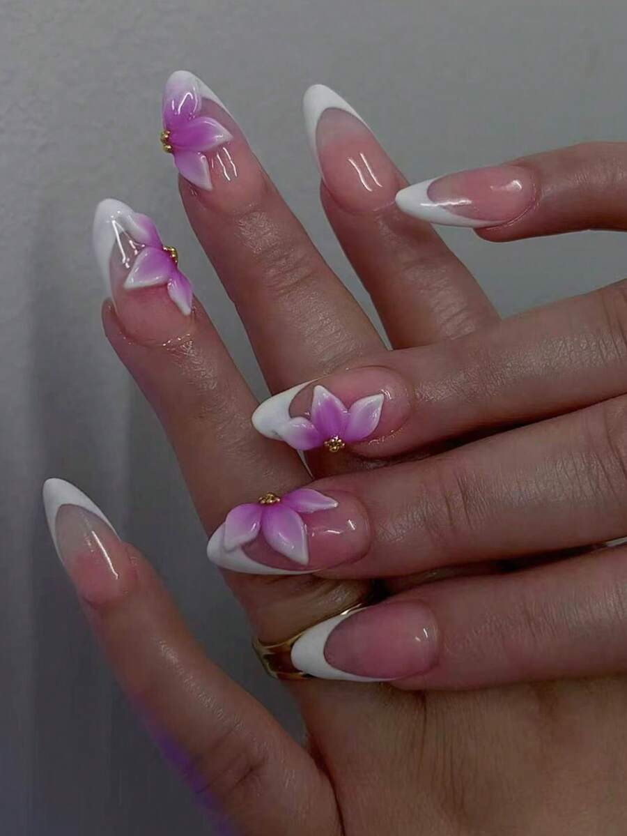 24片Y2K風格杏仁形美甲貼，白色法式風格搭配紫色花朵與金色珍珠裝飾，附膠水與美甲锉，百搭設計適合女性與女孩，春夏季美甲理想選擇 - 彩色 - 查看 1