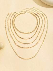 5pcs/Set Simple Braided Bead Chain Necklaces, Gold Tone, Layered Pendant Necklace Set For Women Daily And Party Wear - Gold - View 3