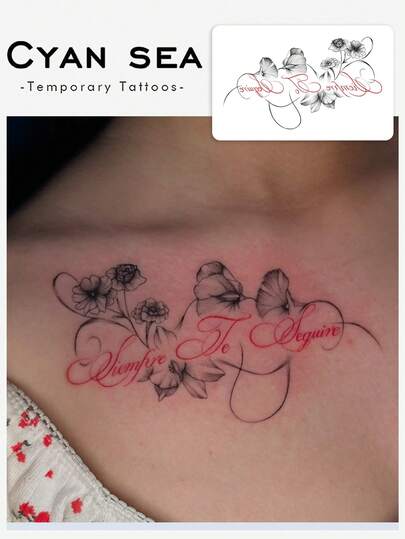 One Tattoo Sticker With A Vintage Rose Flower And Red Letter Pattern, Temporary Tattoo Sticker, Washable, PVC, Disposable, Waterproof, Sweatproof, For Arms And Back, Non-Reflective, Realistic Tattoo, Suitable For People, For Daily Use, Lasting 3-5 Days.