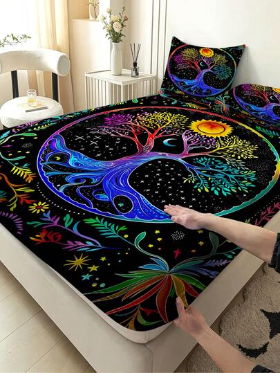 1件日月星河图案印花床笠（1*床笠，不含床芯），是瑜伽冥想爱好者的理想礼物，营造神秘星空卧室氛围，可爱俏皮的卧室装饰，现代简约卧室装饰，柔软透气，适合多种床型——单人床、双人床、大号双人床、特大号双人床，深口袋设计，最大可达9.84英寸