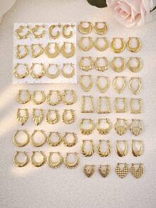 5 Pairs Assorted Earrings Set - Fashionable Luxury Geometric Pearl Earrings, Elegant Stainless Steel Earrings, Personalized Stainless Steel Jewelry, Classic Hoop Texture Earrings, Romantic Geometric Heart Earrings, Gold Earring Set, Retro Jewelry, Summer Beach Vacation Swimwear Accessories, Ideal For Valentine's Day, Birthday, Mother's Day Gifts - Gold - View 10
