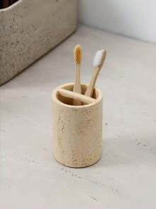 现代农舍风格树脂浴室配件套装，包括牙刷架、皂液器、梳妆托盘、漱口杯、棉签罐（深米色） - 彩色 - 查看 5