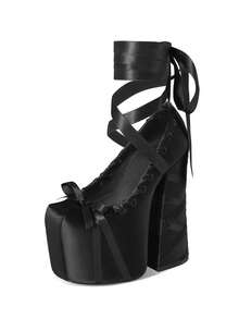 Women's Y2K Ballet Chunky High Heels Lolita Pumps Satin Mary Janes Platform Lace-Up Ribbons Wrap Bow Design Goth Sexy Cosplay Pumps Woman - 黑色 - 查看 9