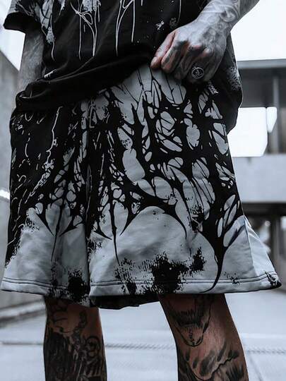  FRACTYR Men's Summer Casual Street Fashion Tie-Dye Thorn Death Metal Logo Print Breathable Reversible Loose Fit Shorts