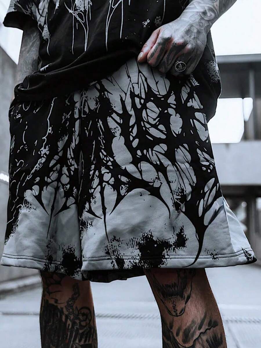 FRACTYR 男士夏季休闲街头时尚扎染荆棘死亡金属标志印花透气双面宽松短裤 - 黑色 - 查看 1