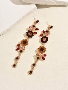 1 par de pendientes de cristal de imitación de moda para mujeres, pendientes ovalados exagerados completamente pavimentados con rhinestones, adecuados para bodas, banquetes, fiestas - Borlas de flores - Ver 3