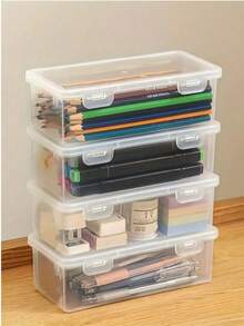 1/4/10pcs Large Capacity Transparent Plastic Storage Boxes With Flip Lid Hinge Cover, Multi-Functional Organizer Boxes, Dust-Proof Protection, Suitable For Office, School, Home Desk, Multi-Purpose Storage Containers, Space-Saving Stackable Design, Back To School Gift - Multicolor - View 11