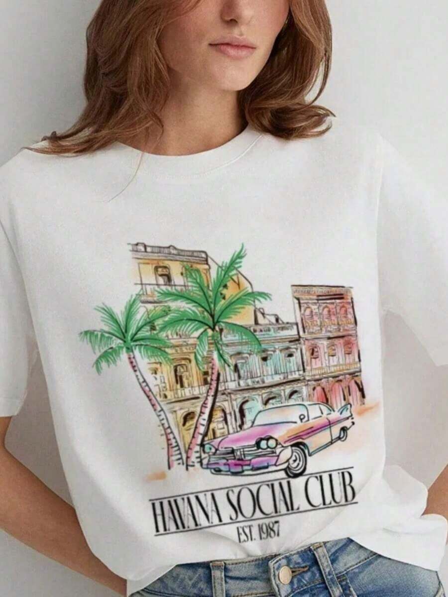 Women Havana Social Club T-Shirt Loose Short Sleeve Vintage Boho Graphic Tees Cute Aesthetic Vacation T Shirt Retro Summer Tops,Women's Graphic Round Neck Short Sleeve Casual Tee, Easter Mother's Day Gift - Trắng 10 - Xem 1