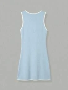 Vestido de cárdigan de punto elegante y minimalista para mujer, estilo Mori Girl para primavera/verano - Azul claro con bordes blancos - Ver 9