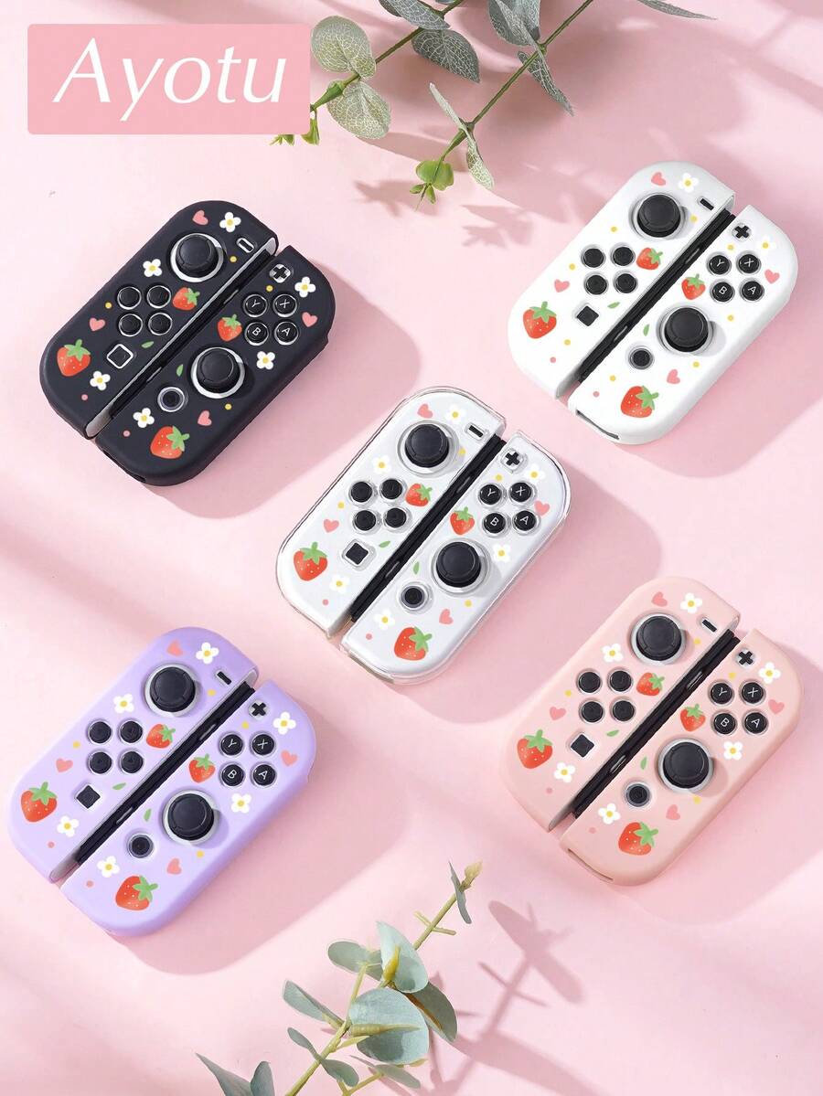Ayotu 1对草莓樱桃图案保护壳，适用于Switch Joy-Con手柄，Switch Joy-Con左右手柄保护套，Switch游戏机配件，保护Joy-Con手柄免受损坏，防油防刮，易于安装和拆卸。 - 查看 1
