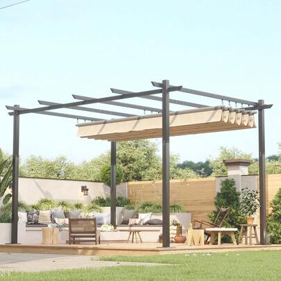 Devoko Gunji 3x3/3x4m Gazebo, Stable, Cold-Resistant, With Magnetic Fastening, Pergola With Adjustable Shade Area, Aluminum Frame, For Garden And Patio Roofing, Beige/Grey