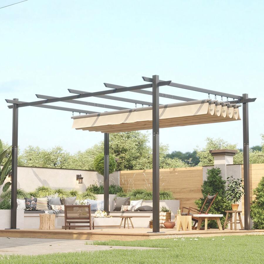 Devoko Gunji 3x3/3x4m Gazebo, Stable, Cold-Resistant, With Magnetic Fastening, Pergola With Adjustable Shade Area, Aluminum Frame, For Garden And Patio Roofing, Beige/Grey - Beige - View 1