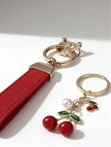 1pc Unisex Red Plaid Keychain + Cute Cherry Pendant, Zinc Alloy Minimalist Style PU Leather Strap Key Ring, Suitable For Various Keys And Car Keys, Small Gift For Family And Friends - A - View 5