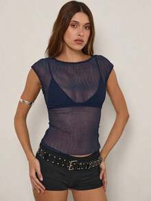 Women's Sheer Lace Tops Cap Sleeve Scoop Neck Solid Color T-Shirts Blouses - 藍色 - 查看 3