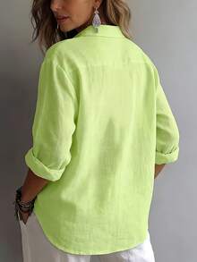 Women'S Elegant And Comfortable Loose Solid Color Long-Sleeve Shirt For Spring And Autumn. A Relaxed Style With A Collar And Half-Button Placket, Perfect For Casual Wear. This Versatile Top Is Suitable For Both Office And Leisure Time - trắng - Xem 10