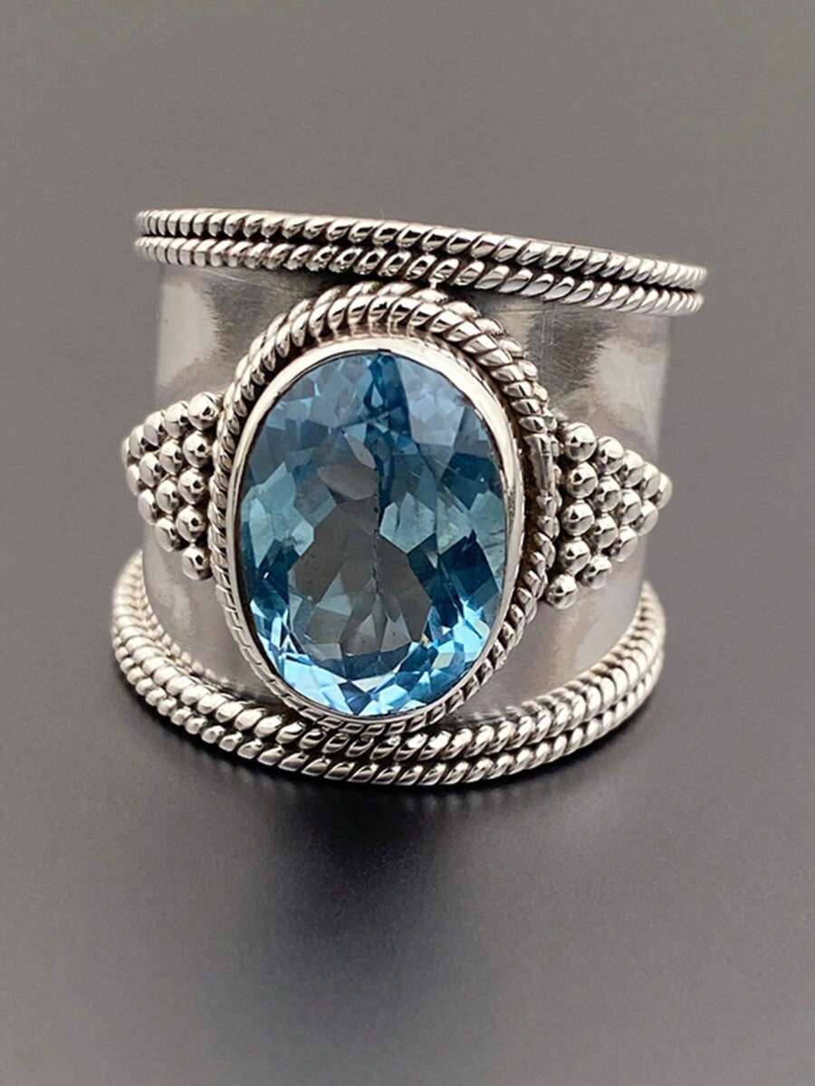 1 chiếc nhẫn bạc nữ kiểu cổ điển đính đá Cubic Zirconia xanh dương, thích hợp làm quà sinh nhật, nhẫn đính hôn, nhẫn hứa hẹn, quà tặng ngày Valentine. - bạc-1 - Xem 1