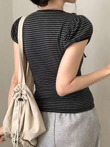 条纹U领系带短袖T恤，小众修身百搭上衣 - 灰色 - 查看 2