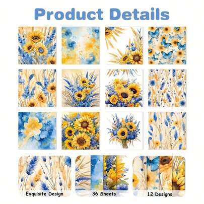 12/24/36 pezzi 12"X12" Carta per scrapbooking fai-da-te, materiale decorativo estetico per confezioni regalo, carta decorativa per artigianato fatto a mano colorato, materiale per scrapbooking - Girasole