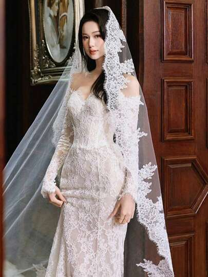 2026 Long Lace Wedding Veil, White Sequin Lace 3 Meters Bridal Veil, Extra Long Trailing Wedding Veil