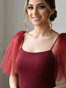 1对彩色网纱短披肩，星光亮片雪纺新娘肩饰，适合婚礼、派对、伴娘、音乐节、夏季、海滩等场合 - 彩色 - 查看 2