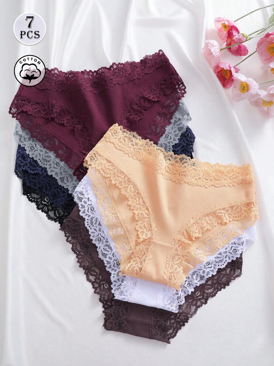 7pcs Solid Color Cotton Lace Patchwork Ribbed Sexy Romantic Comfortable Low Waist Women's Triangle Panties - Multicolor - View 1