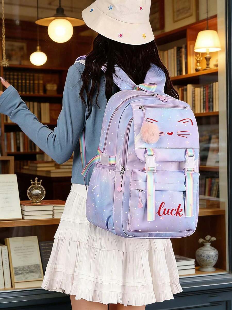 Ba lô hình mặt mèo dễ thương - Ba lô dung tích lớn với dây đeo vai có thể điều chỉnh, khóa kéo nhẹ, in hình Stitch và thiên thần, quà tặng sinh nhật hoặc quà tựu trường, ba lô thường ngày, thiết kế vui nhộn, bền chắc, phù hợp cho thanh thiếu niên, đồ dùng học tập thiết yếu cho năm học mới. - Nhiều màu - Xem 1