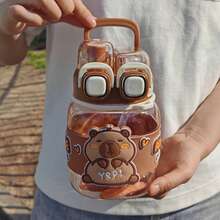 Capybara Cute Water Bottle For Kids, 27oz 2-In-1 Dual Lid Leak Proof Water Bottle With Straw & Adjustable Shoulder Strap, Portable Water Jug For School Travel Outdoor Girls Boys - 咖啡棕 - 查看 4