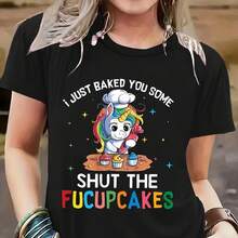 Camiseta com estampa gráfica e de letras, blusa casual de manga curta com gola redonda para primavera e verão, roupa feminina, camiseta feminina de Páscoa e presentes de feriado. - Preto - Ver 1